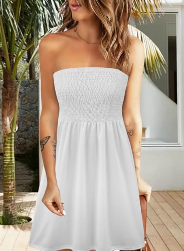 Image of Zyyfly Tube Top Dress Women Summer Beach Coverup Stretch Smocked Strapless Dress