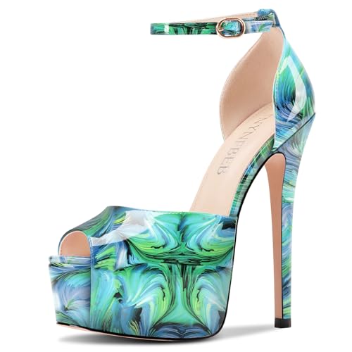 Image of TNYNFBEB Womens Stiletto High Platform Heel Peep Open Toe Sandals Ankle Strap Buckle Prom Party Dress Patent Leather 6.1 Inches Heels
