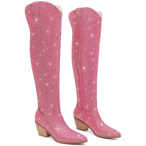 Image of Women Rhinestone Over the Knee Cowboy Boots, Sparkly Bling Cowgirl Boots Western Thigh High Boots Pull-On Side Zippers Chunky Heel Pointed Toe For Concerts, Music Festivals, Parties & Night Out