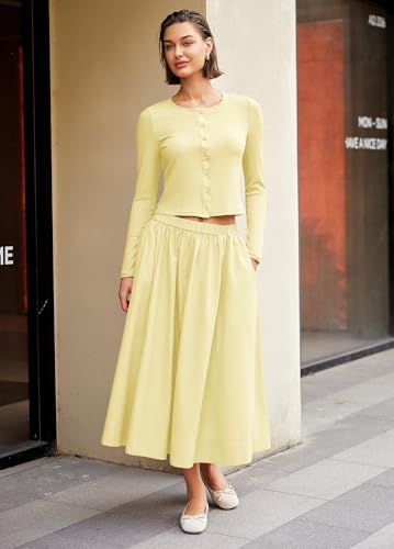 Image of Panadila Womens 2 Piece Lounge Sets Matching Vacation Outfits Ribbed Button Down Cardigan and Elastic Waist Skirt Sets