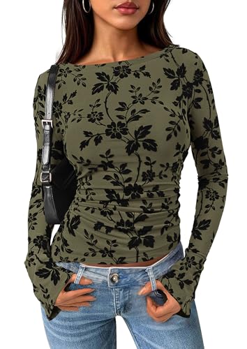PRETTYGARDEN Women Long Sleeve Floral Mesh Tops Blouse 2025 Fall Trendy Boat Neck Ruched Fitted Shirt Going Out Date Outfits (Army Green,Medium)