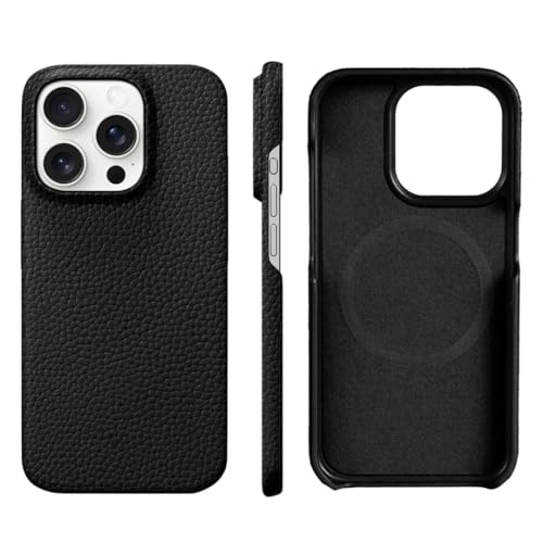 Coque anti-rayures iPhone 16 Pro Max en cuir magnétique noir véritable