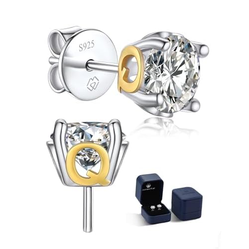 MomentWish Moissanite Stud Earrings, Christmas Gift for Her, 2 Carat Lab Created Diamond Earrings for Women, 925 Sterling Silver Initial Earrings Men Earrings Alphabet Letter Earrings Q