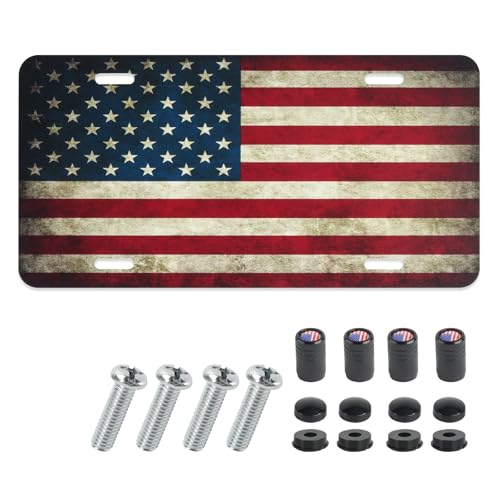 LoyaGour American Flag Front License Plate Vanity Novelty Designs Decorative License Plates for Car and Truck Aluminum Metal Car Patriotic Licence Plate Tags with Screws & Caps 6 x 12 inch (Classic)