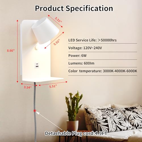 Image of DEC LUCE DECOLUCE LIGHTING Modern LED Plug in Wall Sconce, Dimmable Wireless Wall Light Fixtures with Shelf and USB Port, 6W,600LM, Rotatable Small Reading Wall Lamp for Bedroom Bedside, White