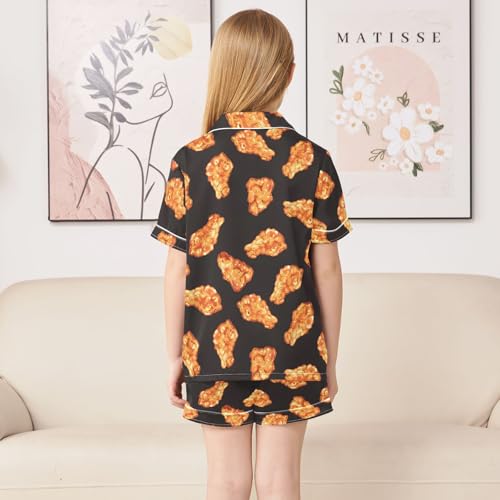 ALAZA Yellow Fried Meat Black Satin Pajamas Set Short Sleeve Button Down Sleepwear Summer Pjs 2 Piece4