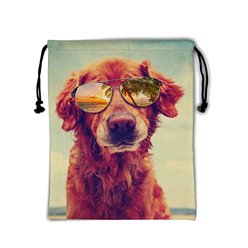 Image of Nerxy Summer Dog Gymnastics Grip Bag - Beach Golden Retriever Grips Bag with Glasses Drawstring Storage Pouch Adjustable Polyester Towel