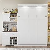 Ball & Cast Murphy Bed with Charging Station and Large Storage Drawer,Murphy Bed Cabinet Hidden Wall Beds w/Slat Support,No Box Spring Needed,can be Folded,for Small Room,White+Walnut