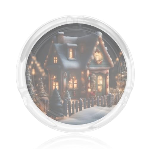 Cendrier rond en verre avec 4 impressions de maison de village de Noël pour la maison, le bureau, la terrasse, la voiture, l'intérieur et l'extérieur
