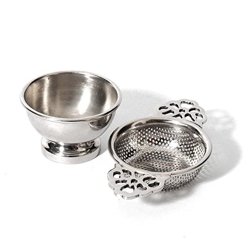 Image of NION Premium Silver Tea Infuser Strainer with Drip Bowl | Perfect for Steeping Loose Leaf Tea Infuser Strainer Teapot | Solid Nickel Drip Bowl