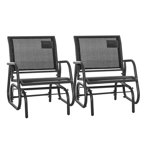 Outsunny Porch Glider Set of 2, Metal Frame Swing Glider Chair with Breathable Mesh Fabric, Curved Armrests and Steel Frame for Garden, Poolside, Backyard, Balcony, Black