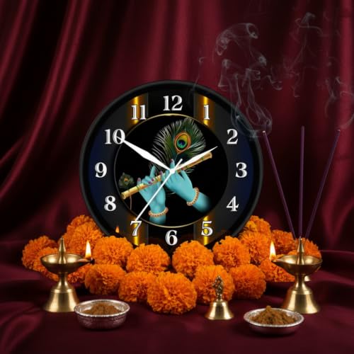 Image of Lord Krishna Flute & Peacock Feather Wall Clock for Puja Room & Living Room | Round Analog Silent Non-Ticking Hindu Spiritual Decor Watch | Mor Pankh Bansuri Timepiece