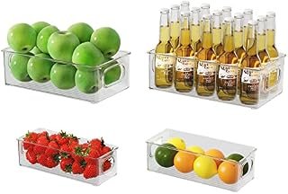 FINEW Fridge Organisers, 4 Pack Kitchen Organisation Storage Bins, Clear Cupboard Organiser with Handles for Pantry, Cabinet, Freezer - BPA-Free Storage Container