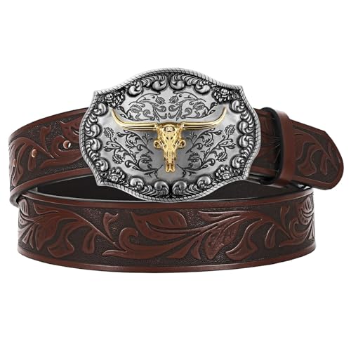 JASGOOD Men Leather Western Belt, Cowboy Cowgirl Country Belt with Longhorn Cow Vintage Engraved Buckle Belt for Jeans
