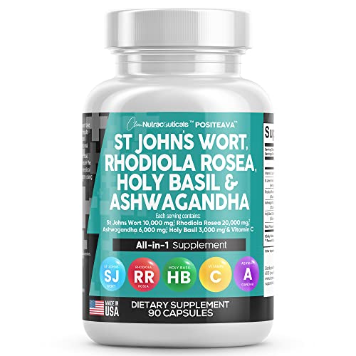 Clean Nutraceuticals St Johns Wort 10000Mg Rhodiola Rosea 20000Mg Holy Basil 3000Mg Ashwagandha 6000Mg - Mood Support For Women And Men With Vitamin C & Black Pepper Extract - Made In Usa 90 Caps #TOP6