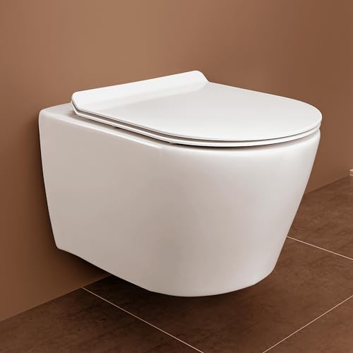 Image of Hindware Italian Collection Splendor Neo Western Commode for Bathroom|Made of Ceramic|Dual Flushing Water Saving|Duroplast Seat Cover|Rimless|Soft Close|Star White|Geometric Shape|Wall Mount