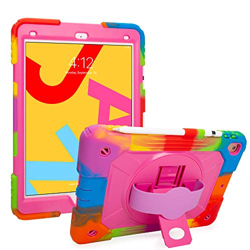 iPad 10.2 Case 2019 iPad 7th Generation Case Heavy Duty Shockproof Protective Case with 360 Degree Rotating Kickstand Pencil Holder (Colorful Pink)
