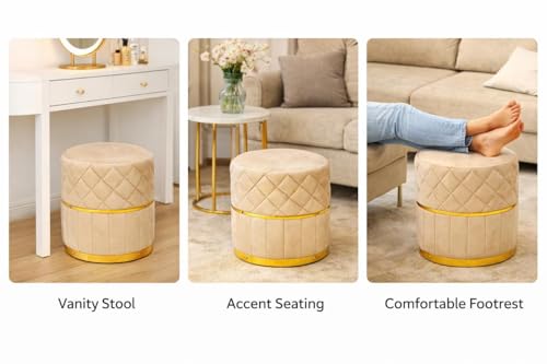 Image of Premium Velvet Puffy Ottoman Stool for Living Room, Bedroom and Dressing Area | Round Footrest with Diamond Quilting and Gold Base | Soft, Stylish and Durable Seating (Cream)