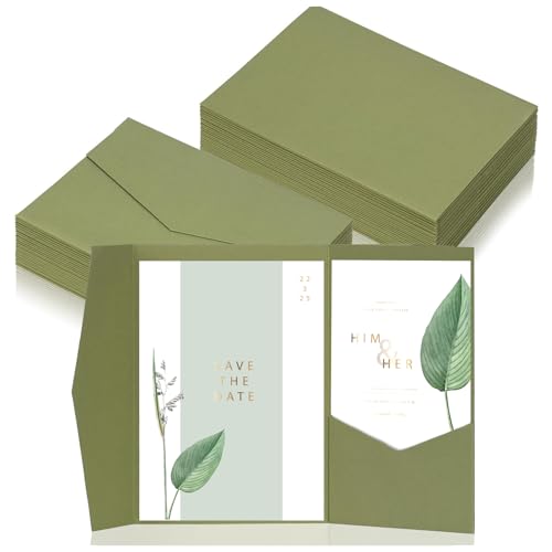 BEIMEIII 50 pezzi Biglietto Pocketfold Buste Verde Carta Salvia Inviti per Matrimonio Biglietti di Ringraziamento Biglietto di Nozze Inviti di Compleanno