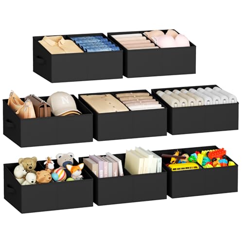 DIMJ Large Closet Shelf Organizer Bins 8 Packs with Handles and Divider, Fabric Trapezoid Storage Baskets, Foldable Clothes Containers Box for Shelf, Towel, Book, Toy, Purse, Hats, Black