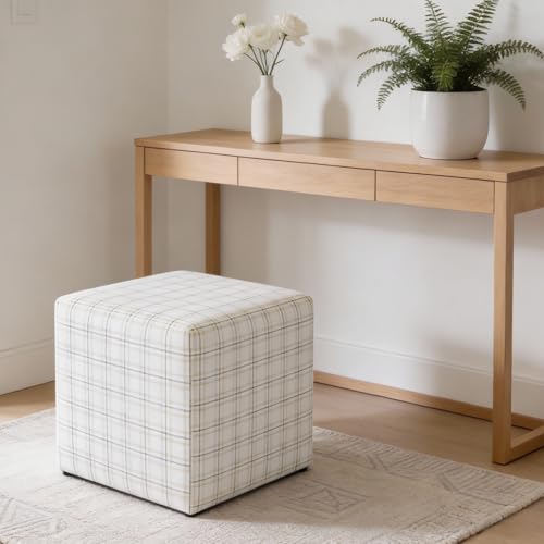 Image of HomePop 19 inch Square Ottoman - Natural Plaid Woven Fabric