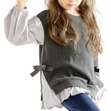 [Bee] ビー 長袖トップス ガールズ 女の子 キッズ レイヤード風 フェイクレイヤード リボン ニット taa05313 150cm チャコール×ライトグレー地