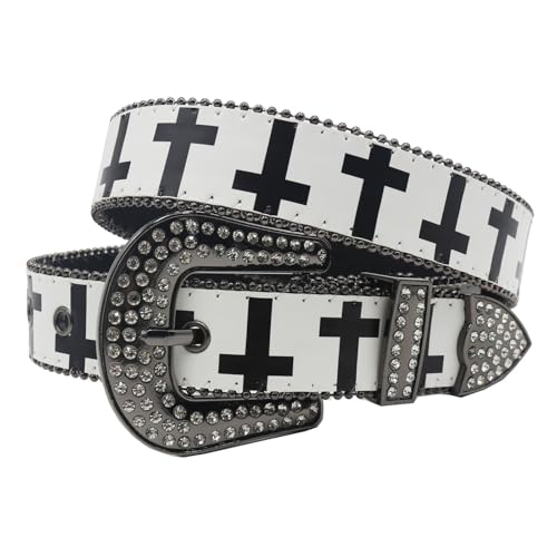 Women's black and white cross pattern belt inlaid with Rhinestone punk Y2K Gothic belt2
