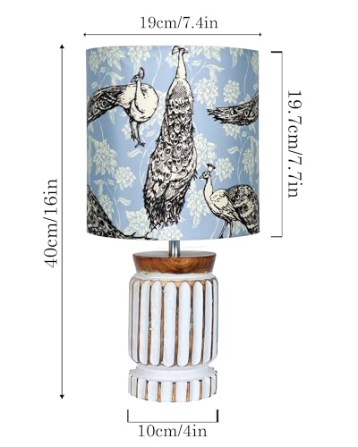 Image of Homesake Retro Farmhouse Table Lamp for Living Room Bedroom Rustic Linen Bedside Nightstand Lamps for Kids Room Study Office Wood, Carved Cylinder, (Peacock and Fowl)
