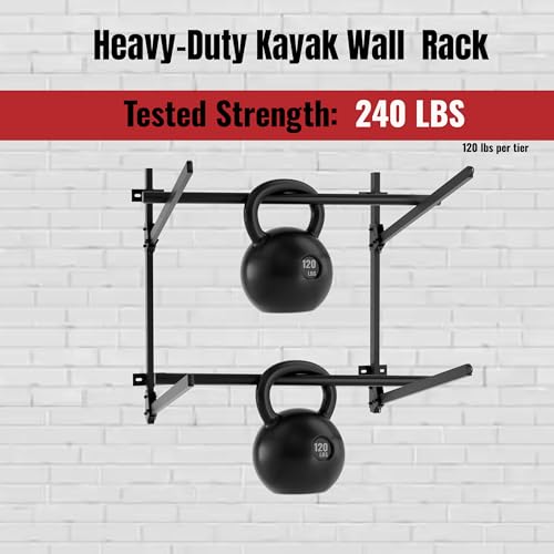 Image of Folding Kayak Wall Rack, 240 lbs Heavy Duty Garage Storage Hanger, 2-Tier Adjustable Mount with 304 Stainless Steel Hardware, Fits Canoe, SUP & Surfboard - Black
