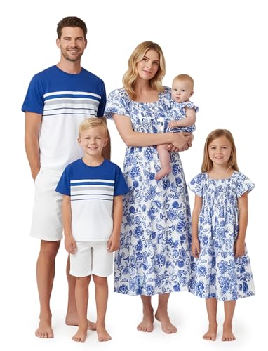 Image of PATPAT Family Matching Outfits Mommy and Me Dresses Floral Dress & T-Shirts | Mommy and Me Easter Dresses, Puff Sleeve Floral Sundress, Cotton Blend T-shirts, Couples Party Wedding Vacation Outfits