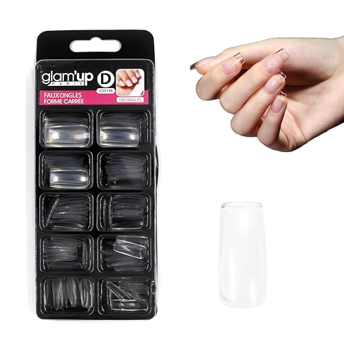 Glam’Up Paris - Faux Ongles - Pleine Couverture - Facile à Utiliser - 100 Pièces - Carré Arrondi XL - N°148 - Transparent à Vernir