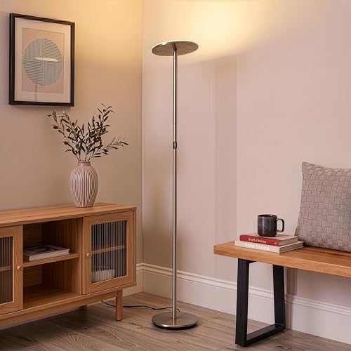 Image of Brightech Sky LED Floor lamp, Torchiere Super Bright Floor Lamp for Living Room Decor & Office - Dimmable, Tall Standing Lamp with Warm Light for Bedroom & Reading - Brushed Nickel