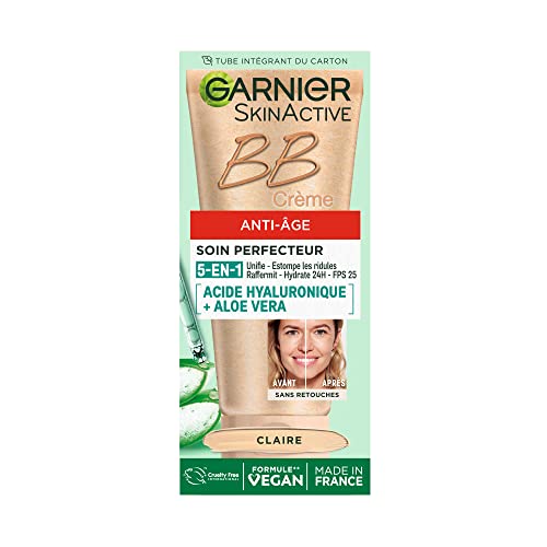 GARNIER Skin Active BB Crema antiedad – Cuidado perfecto todo en 1 – reafirma e hidrata – SPF 25 – Ácido hialurónico y aloe vera – Vegano & Cruelty Free – Todos los tipos de piel – Tinte claro – 50