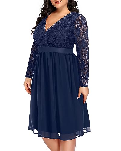 Image of Pinup Fashion Plus Size Lace Chiffon Wrap V Neck Dresses Women Cocktail Wedding Guest Midi Dress