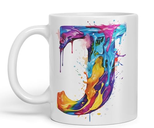 Vixar Letter J Mug, Alphabet Letter J Monogram Watercolour Ceramic Coloured Mug Cup for Tea Coffee Hot Brew 330ml 11Oz Gift (White)