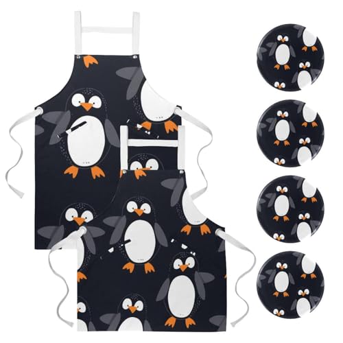 Tabliers de cuisine imperméables réglables lot de 2 avec poches motif pingouin