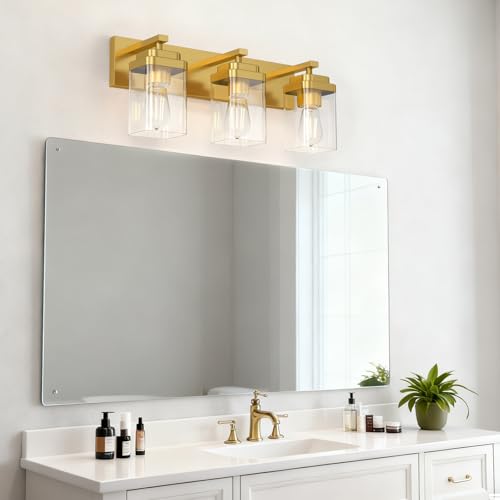 Image of Brushed Gold Bathroom Light Fixtures, 3 Lights Bathroom Lighting Fixtures Over Mirror, Square Design & Rectangle Large Backplate, Modern Vanity Lighting Fixtures, for Living Room /Bedroom