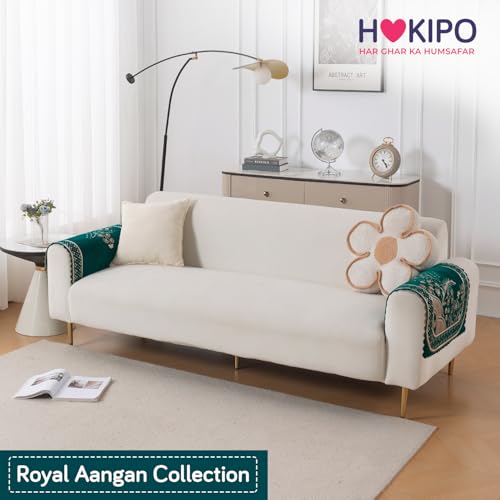 Image of HOKIPO Mehfil Teal Premium Chenille Jacquard Sofa Armrest Cover - 1 Pair | 'Royal Aangan Series' (IN-1006-L7*2)