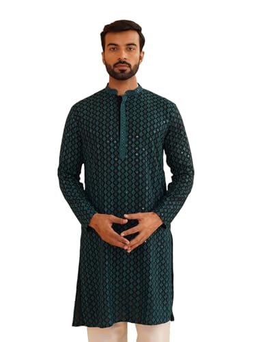 Image of SOJANYA Men's Coffee Brown Cotton Blend Kurta with Intricate Embroidery & Subtle Sequin Work