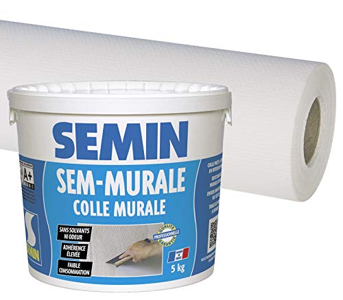 Semin A01541 Colle en Pâte pour Toiles de Verre Prête à l'Emploi, Seau de 10 kg et A01266 Sem Toile Eco T 023, Toile de Verre pour Murs et Plafonds, Motif Maille, Intérieur, 25 m x 1 m