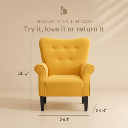 Image of BELLEZE Modern Accent Chair, High Back Armchair, Upholstered Wingback Side Chair, Padded Single Sofa with Wooden Legs for Living Room, Bedroom - Citrine Yellow