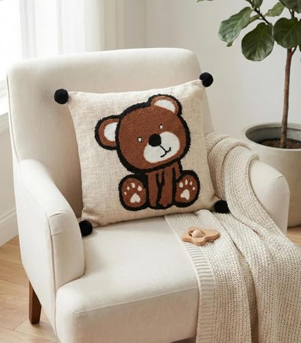 Image of Cotton Fabric Cartoon Bear Embroidered Kids Cushion Cover for Sofa Set /Diwan Beds 16 x 16 Inches or 40x40 cms Cushion Covers, Sofa Throw Pillow Cover Only, Set of 1 Pc