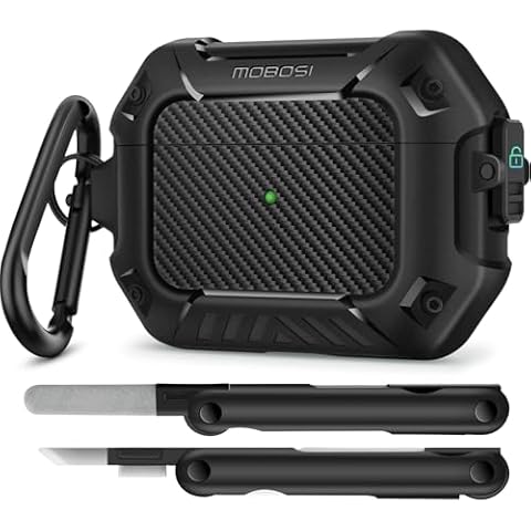 MOBOSI for AirPods Pro 2nd/1st Generation Case, Secure Lock Clip Carbon Fiber Case Cover with Keychain, Full Body Shockproof Hard Shell Protective Cover for AirPods Pro Case (2023/2022/2019), Black Cover