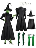 Behufun Halloween Witch Costume Women - Adult Witch Costume Black Dress with Witches Hat, Green Gloves Cosplay Outfits