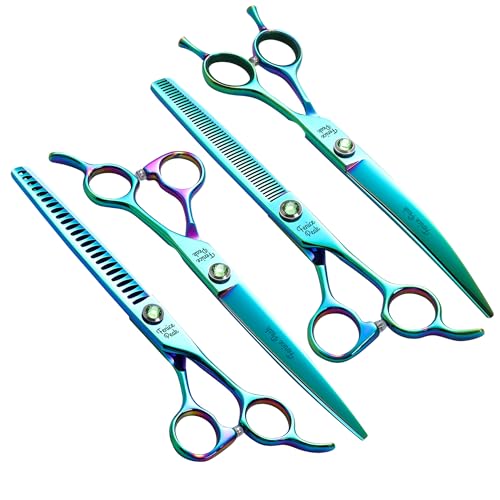 Fenice Peak Green Dog Grooming Scissors Set Straight Thinning Curved and Chunker Shears 4PCS Kit with Simulated Emerald Screw 440C Trimming Shears Durable and Sharp