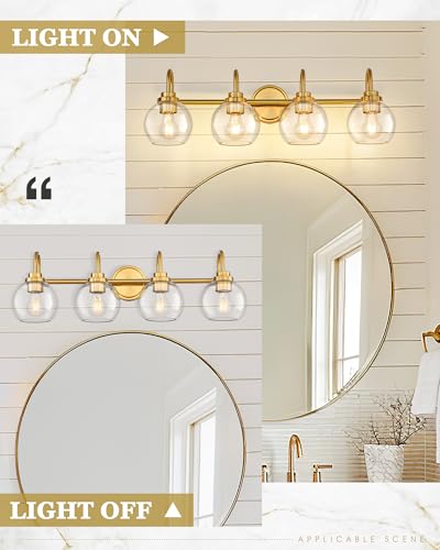 Image of Bathroom Light Fixtures, 4-Light Brushed Gold Vanity Lights with Globe Clear Glass, 30 Inch Champagne Bronze Vanity Lighting Fixtures Over Mirror, AD-22280-4W-GD