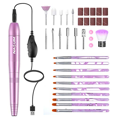 Electric Nail Drill Kit,NASUM USB Manicure Pen Sander Polisher With 11 Pieces Changeable Drills And 10 nail brushes for Exfoliating, Grinding, Polishing, Nail Removing, Acrylic Nail Tools (Pink)