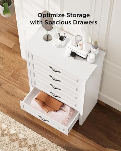 Pipishell Farmhouse 5 Drawer Dresser for Bedroom, 42.7" Tall Wood Rustic Chest of Drawers with Metal Handle, Modern Farmhouse Storgae Organizer with Large Drawers, White - Image 3