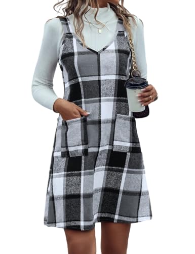 IDEALSANXUN Kariertes Overallkleid für Damen, Herbst, Winter, ärmellos, kariert, mit Taschen, GRAU, XX-Large