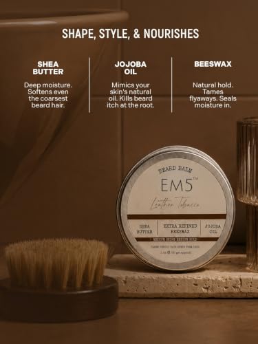 Image of EM5's Organic Leather Tobacco Beard Balm | Shape Style and Tame | Medium Hold and Shine | Long Lasting Fragrance | Mustache and Beards Wax | Gift for Him /Men